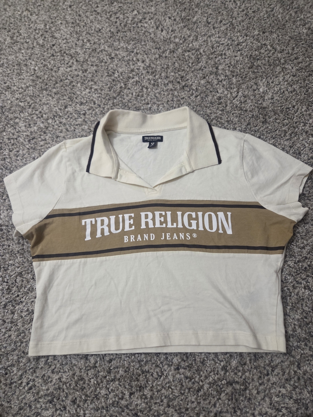 True Religion Cream Crop Polo with Tan Stripe and Black Trim